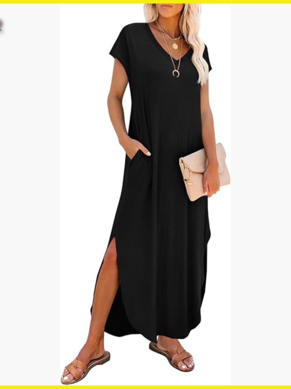 V Neck Maxi Dress Casual Boho Chic Long Sundress with Pockets Beach Vacation